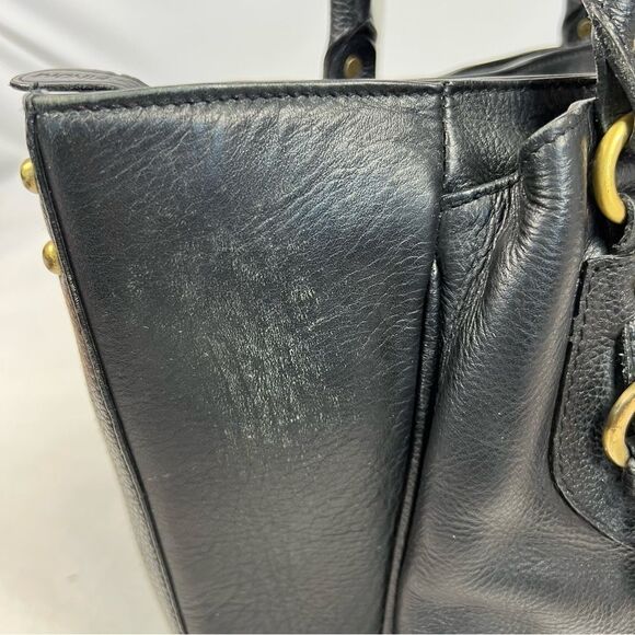 Findig Black Leather Dual Handle Gold Lining 3 Compartment Shoulder Bag 14” x 9” - Picture 6 of 11